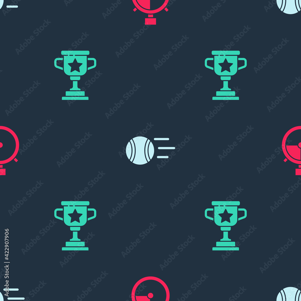 Set Stopwatch, Tennis ball and Award cup on seamless pattern. Vector