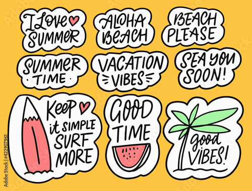 Summer vacation and vibes lettering phrases set. Hand drawn colorful doodle style.