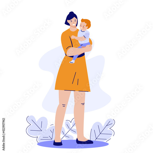 The mother holds the baby in her arms. Happy healthy motherhood concept. Vector illustration in flat style.