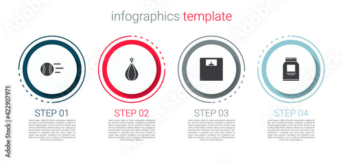 Set Tennis ball, Punching bag, Bathroom scales and Sports nutrition. Business infographic template. Vector