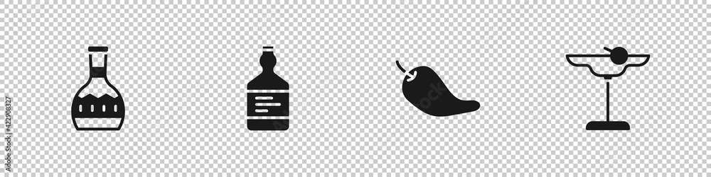 Set Tequila bottle, , Hot chili pepper pod and Margarita cocktail icon. Vector