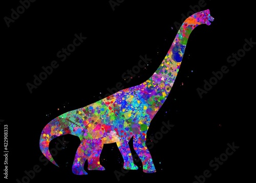 Brachiosaurus dinosaur watercolor art with black background  abstract animal painting. kids dinosaur art print  watercolor illustration rainbow  colorful  decoration wall art.