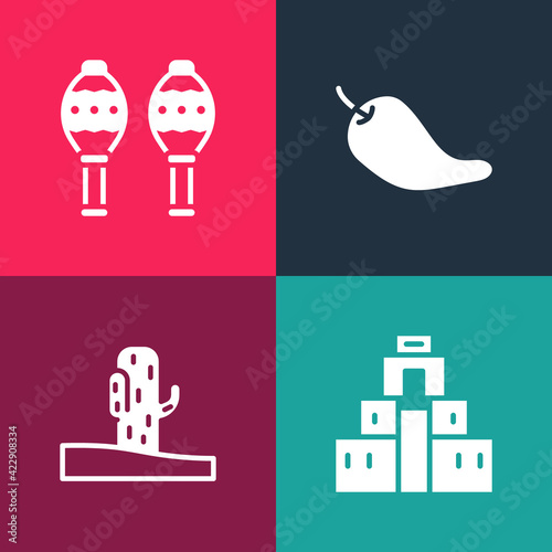 Set pop art Chichen Itza in Mayan, Cactus, Hot chili pepper pod and Maracas icon. Vector