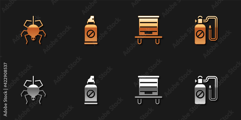 Set Spider, Spray against insects, Hive for bees and Pressure sprayer icon. Vector Set Spider, Spray against insects, Hive for bees and Pressure sprayer icon. Vector