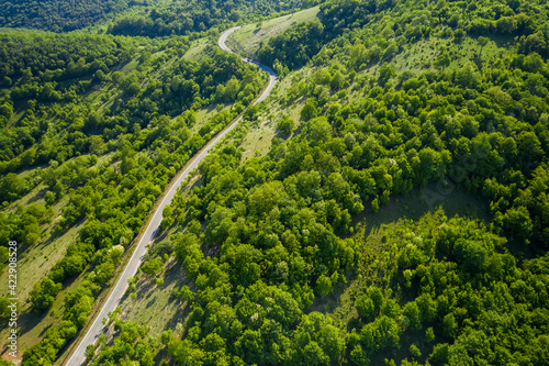 Aerial view of a road passing through a picturesque green forest in mountain