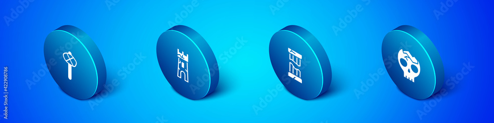 Set Isometric Stone age hammer, Broken ancient column, human skull and Castle tower icon. Vector Set Isometric Stone age hammer, Broken ancient column, human skull and Castle tower icon. Vector
