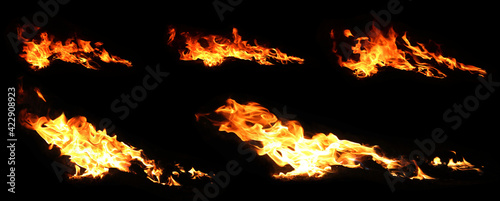 Many types of fires that are similar are different during the time of burning on a black background, a yellow-red fire image set. That is similar to a crocodile