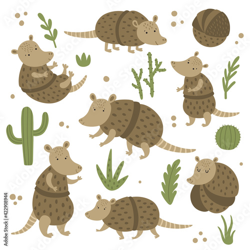 cute armadillo set and cactus on white background