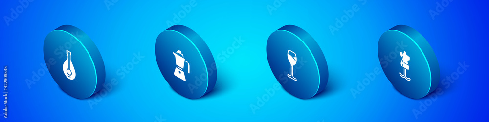 Set Isometric Mandolin, Wine glass, Mannequin and Coffee moca pot icon. Vector Set Isometric Mandolin, Wine glass, Mannequin and Coffee moca pot icon. Vector