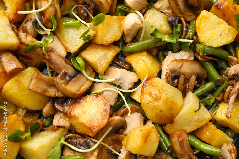 Tasty fried vegetables and chicken as background, closeup Tasty fried vegetables and chicken as background, closeup