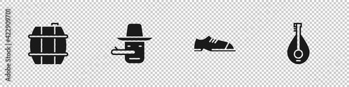 Set Barrel for wine, Pinocchio, Men shoes and Mandolin icon. Vector