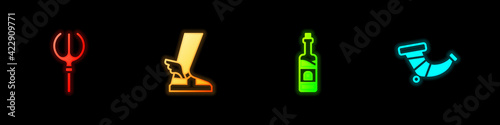Set Neptune Trident, Hermes sandal, Bottle of wine and Hunting horn icon. Vector
