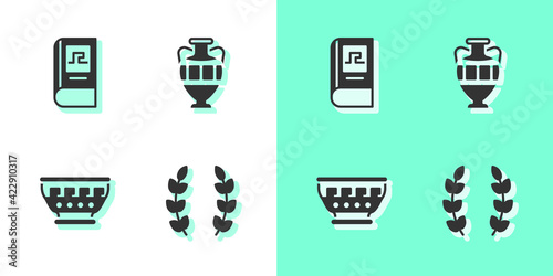 Set Laurel wreath, Greek history book, ancient bowl and Ancient amphorae icon. Vector