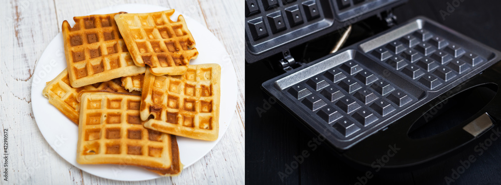 Cooking Belgian waffles in an electric waffle iron. Ready waffles and a device for their preparation. Cooking Belgian waffles in an electric waffle iron. Ready waffles and a device for their preparation.