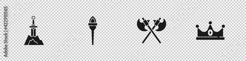 Set Sword in the stone, Torch flame, Crossed medieval axes and King crown icon. Vector
