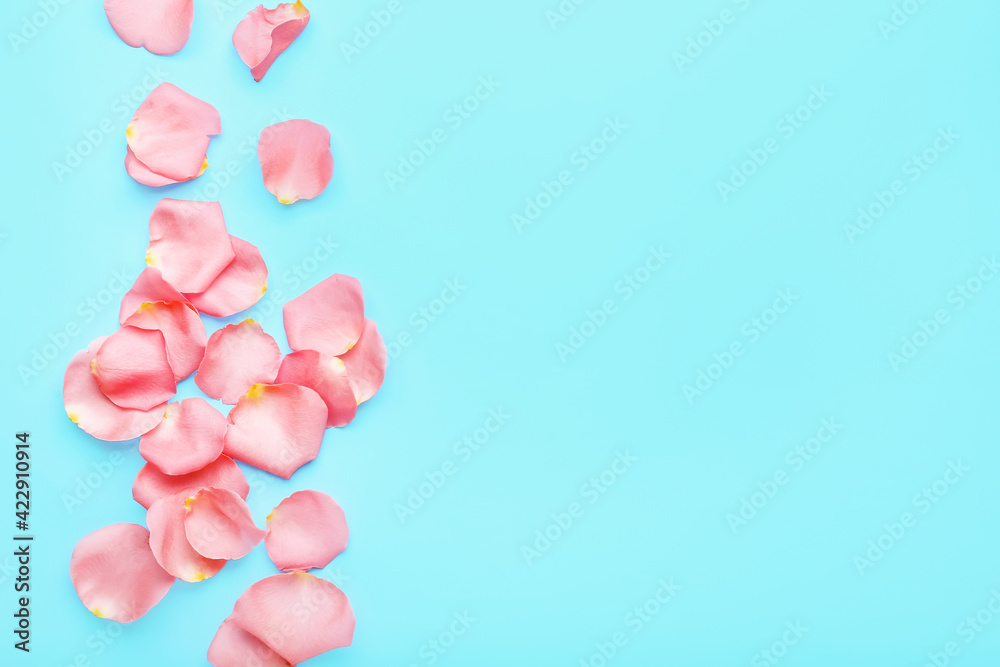 Beautiful pink rose petals on color background