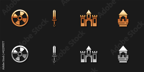 Set Round wooden shield, Medieval sword, Castle, fortress and tower icon. Vector