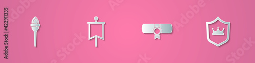 Set paper cut Torch flame, Medieval flag, Decree, parchment, scroll and Shield with crown icon. Paper art style. Vector