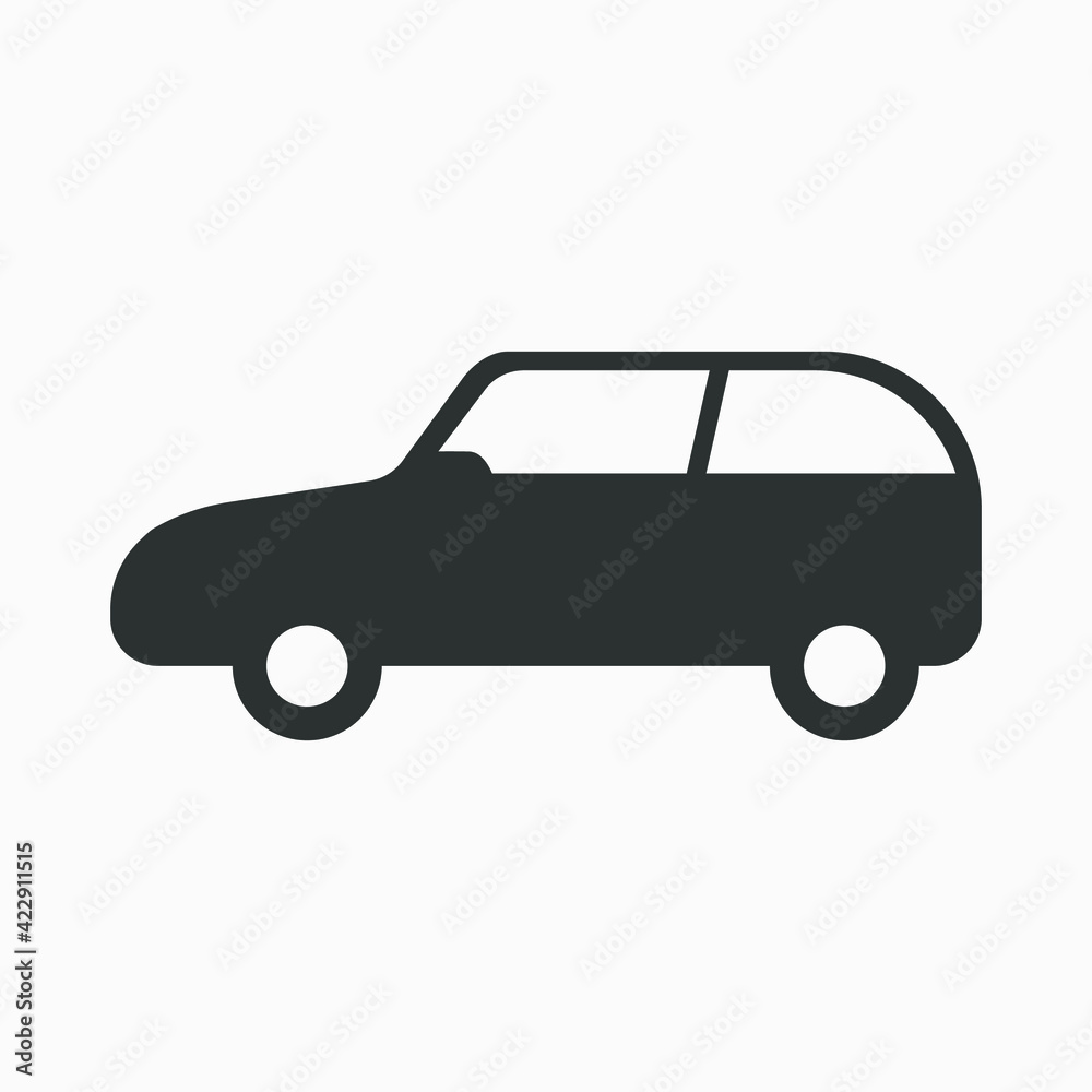 Simple black vector icon of a car isolated on white background. Hatchback car icon. Small automobile pictogram.