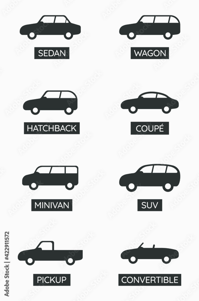 Vetor de Car type icon set. Vector symbol of cars. Variants of automobile body icons. do Stock