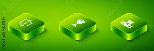 Set Isometric Medieval goblet, Castle, fortress and shield with sword icon. Vector