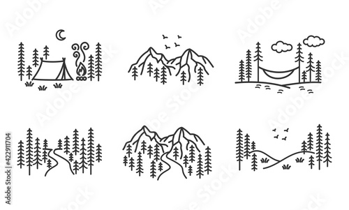 Beautiful, modern, minimalist set of wilderness, camping and outdoors vector illustrations
