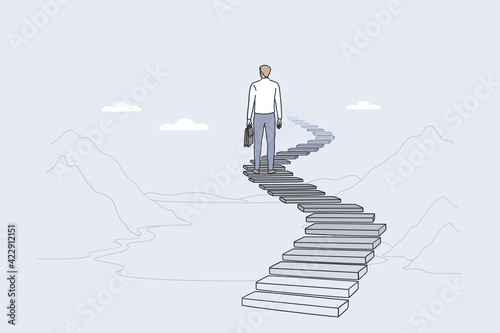 Success, leadership, achieving goal concept. Back of businessman standing on ladder forward and looking ahead for new possibilities and development vector illustration 