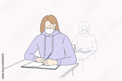 Education and learning during coronavirus pandemic concept. High school student girl wearing protective mask taking notes at lesson during Covid-19 pandemic vector illustration 