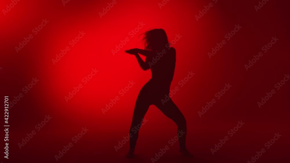 Silhouette female with perfect slim body dancing at night party red studio. Wide shot on RED camera Silhouette female with perfect slim body dancing at night party red studio. Wide shot on RED camera