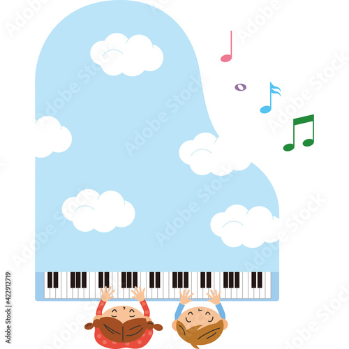子供　ピアノ　雲　文字スペース　音符
