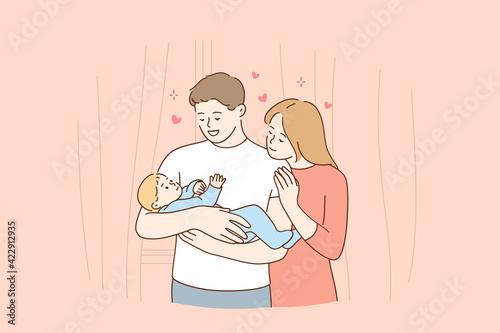 Happy family and childhood concept. Young smiling parents mother and father family standing and holding small toddler infant newborn baby in hands feeling love and happiness vector illustration 