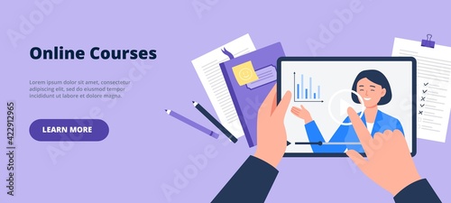 A banner for online education. Using a digital tablet for distance learning. Vector flat illustration.