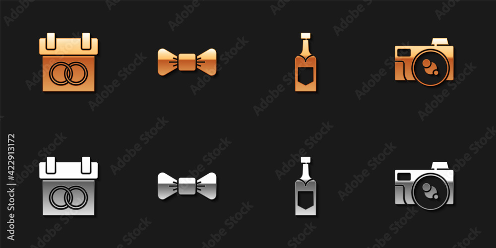 Set Calendar, Bow tie, Champagne bottle and Photo camera icon. Vector Set Calendar, Bow tie, Champagne bottle and Photo camera icon. Vector