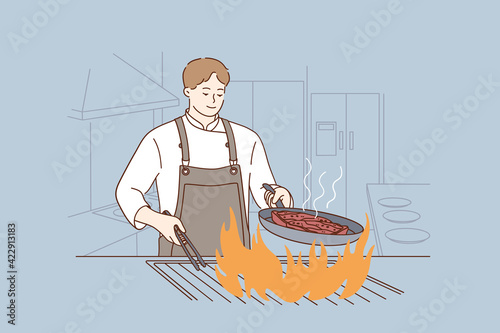 Professional chef, cooking, tasty food concept. Smiling man chef cooking delicious juicy beef steak on flaming grill in restaurant preparing food in modern restaurant kitchen vector illustration 