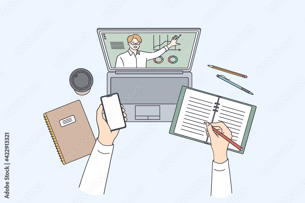 Distance and e-learning education concept. High angle view of video conference with teacher on laptop at home, personal tutor on computer explaining lesson vector illustration Distance and e-learning education concept. High angle view of video conference with teacher on laptop at home, personal tutor on computer explaining lesson vector illustration
