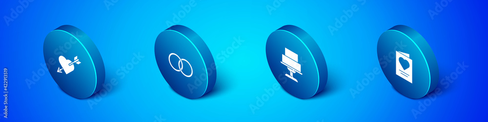 Set Isometric Amour with heart and arrow, Wedding cake, Greeting card and rings icon. Vector Set Isometric Amour with heart and arrow, Wedding cake, Greeting card and rings icon. Vector