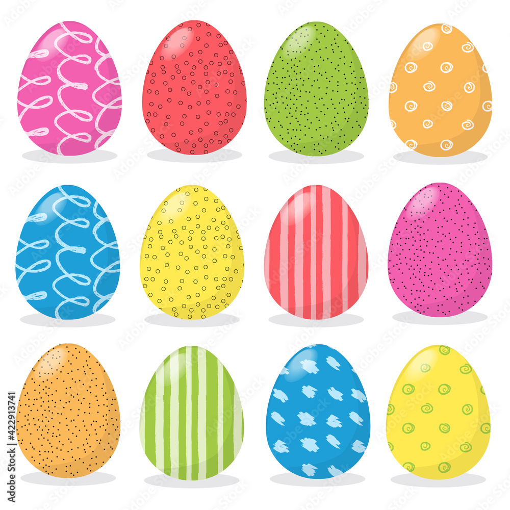 Happy Easter. Set of easter eggs with different texture on a white background. Colourful Happy Easter eggs set isolated. Editable EPS 10. Flat style. Happy Easter. Set of easter eggs with different texture on a white background. Colourful Happy Easter eggs set isolated. Editable EPS 10. Flat style.