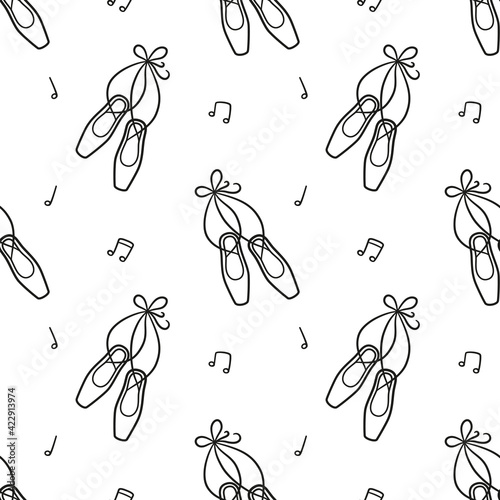 Seamless pattern with ballet pointe shoes. Ballerina accessories. Vector illustration in doodle style on white background