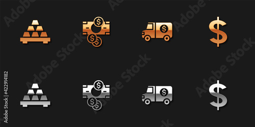 Set Gold bars, Stacks paper money cash, Armored truck and Dollar symbol icon. Vector
