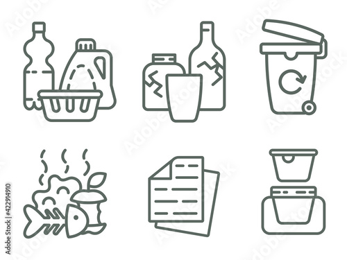 Vector linear icons on the theme of ecology and zero waste. Stylized garbage icons.