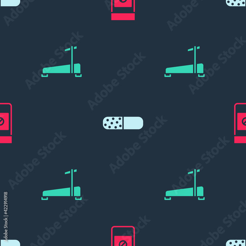 Set Anabolic drugs, Vitamin pill and Treadmill machine on seamless pattern. Vector