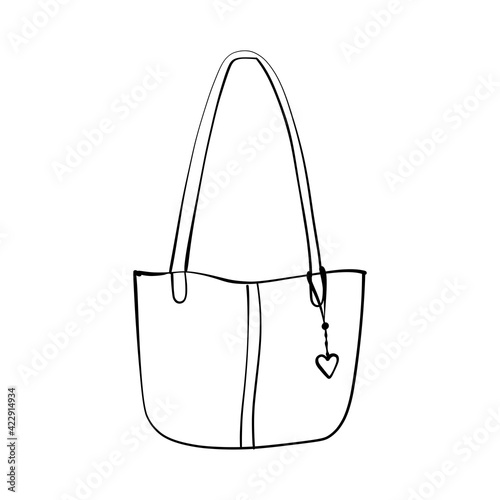 vector, womens bag with long handles and keychain, line art hand-drawn, isolated on white background