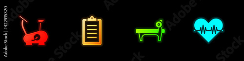 Set Stationary bicycle, Sport training program, Bench with barbel and Heart rate icon. Vector