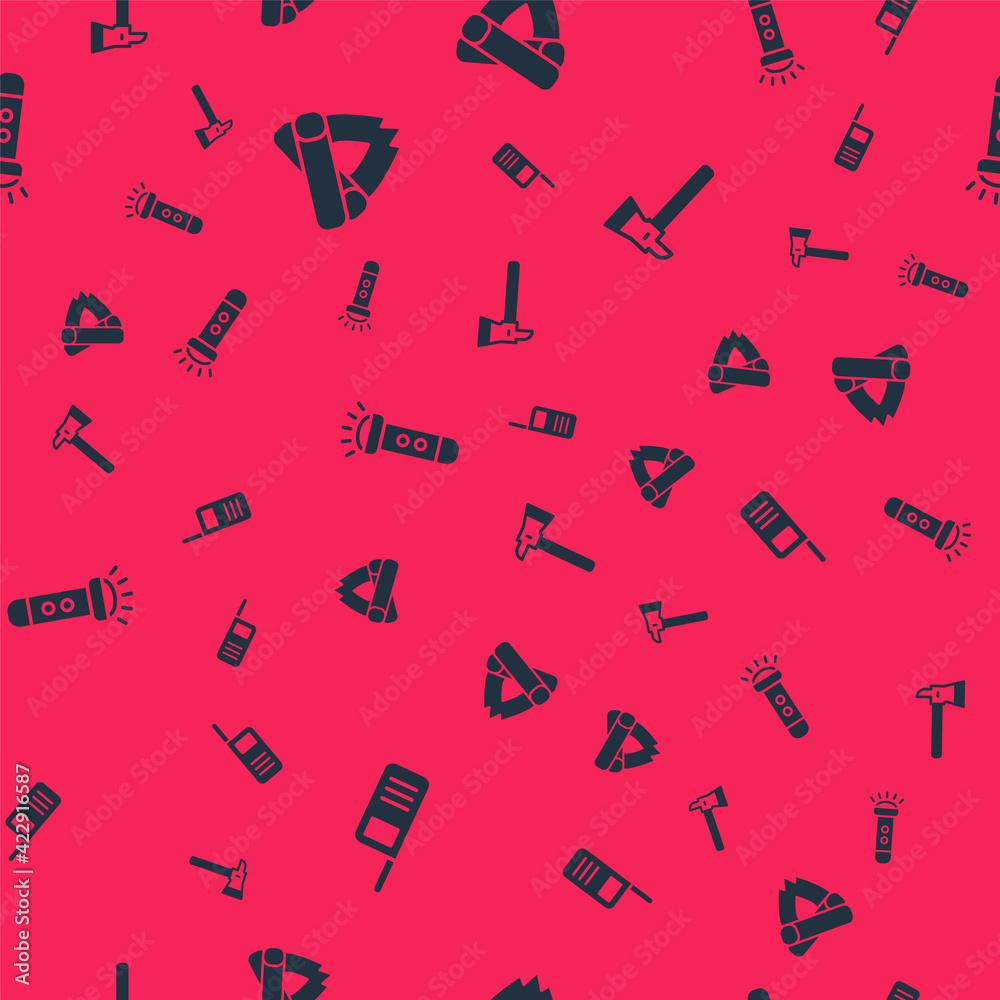 Set Walkie talkie, Campfire, Flashlight and Firefighter axe on seamless pattern. Vector