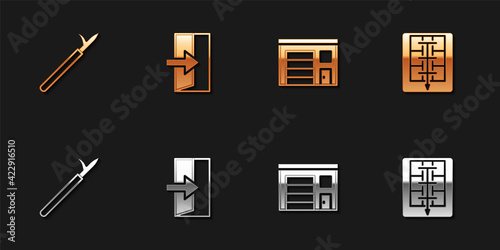 Set Metal pike pole, Fire exit, Building of fire station and Evacuation plan icon. Vector