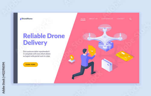 Reliable drone delivery landing website template. Vector illustration of isometric man putting shield symbol on modern drone delivering parcel. Isometric web banner, landing page template