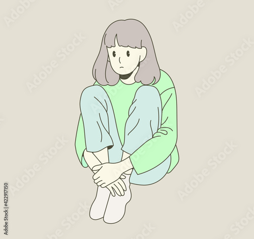 A girl sits with her knees up and makes a serious expression. hand drawn style vector design illustrations. 