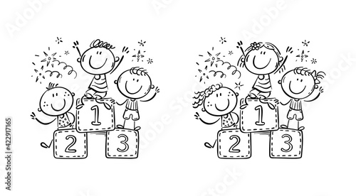 Happy kids - winners of a competition, champions celebrating victory, success in sport