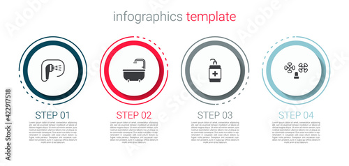 Set Shower, Bathtub, Hand sanitizer bottle and Water tap. Business infographic template. Vector
