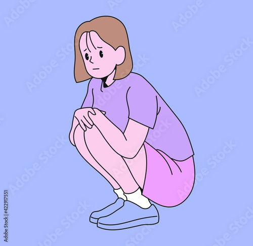 A girl is squatting and making a serious expression. hand drawn style vector design illustrations. 